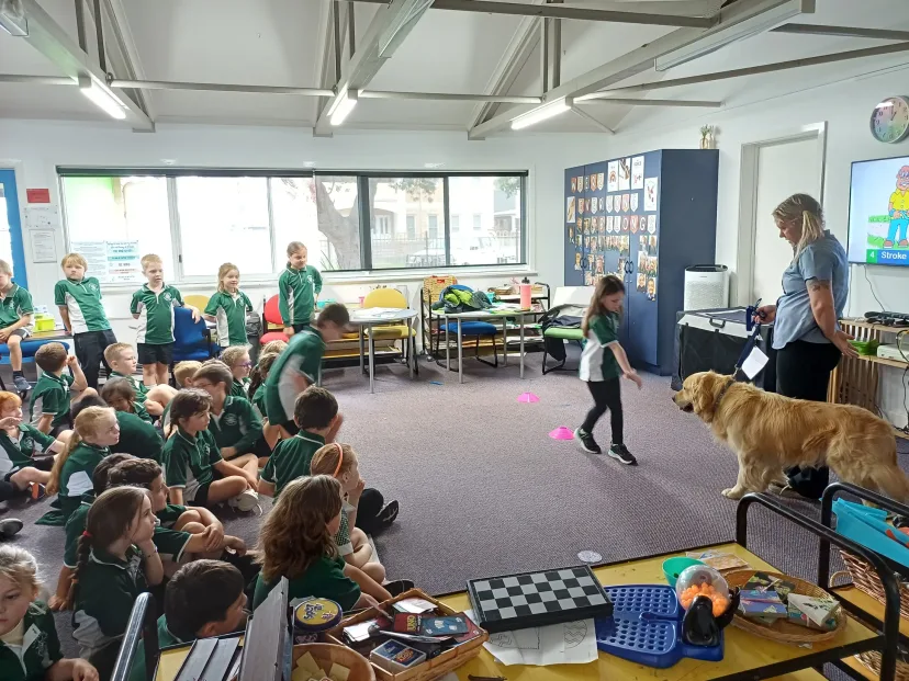 A class sitting on the floor with the school therapy dog